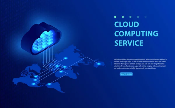 Ilustración isométrica de vectores que muestra la computación en nube conceptual. Desde la nube en el mapa del mundo . — Vector de stock