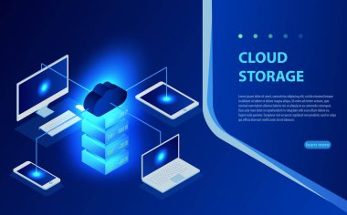 Online bilgisayar depolama 3d izometrik kavramı. SmartWatch, bilgisayar, Laptop, cep telefonu nesneleri.