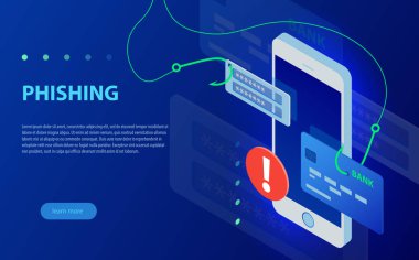 Internet izometrik vektör konsept illüstrasyon yoluyla kimlik avı. Kredi kartı hacking
