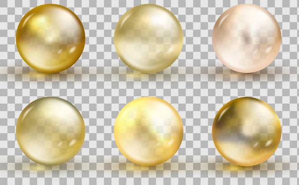 Golden glass ball template. Oil gold bubble isolated on transparent background. — Stock Vector