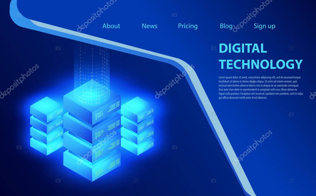 Concept of big data processing, energy station of future, server room rack, data center isometric vector illustration. Concept of cloud storage, digital information technology