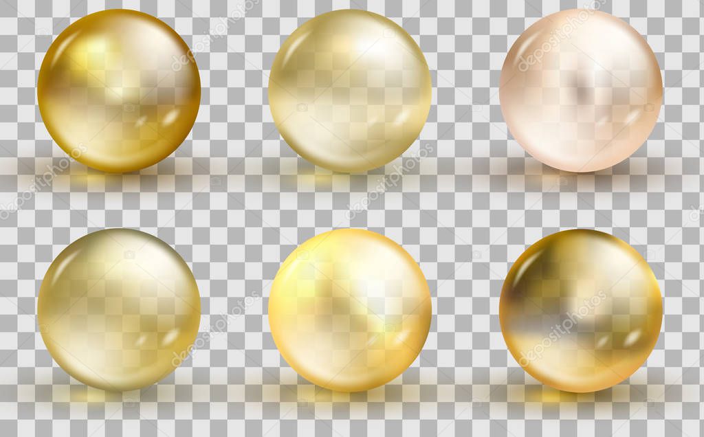 Golden glass ball template. Oil gold bubble isolated on transparent background.