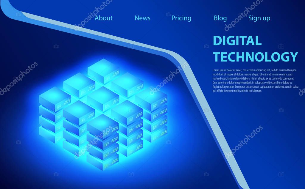 Concept of big data processing, energy station of future, server room rack, data center isometric vector illustration. Concept of cloud storage, digital information technology