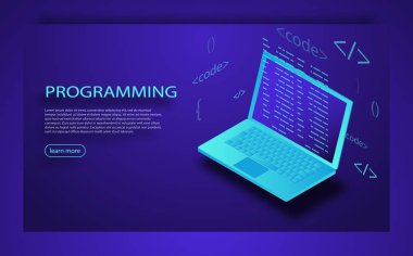 Uygulama ve yazılım geliştirme kavramı, ekranda program kodu ile dizüstü bilgisayar programlama.
