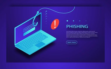 Internet kimlik avı, saldırıya uğramış oturum açma ve parola. Kimlik avı dolandırıcılığı, hacker saldırı ve web güvenlik kavramı.