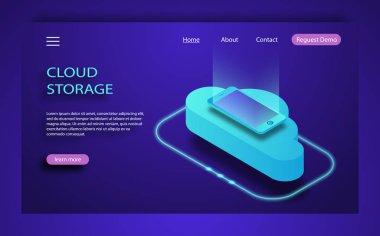 İzometrik düz tasarım kavramı bulut teknoloji veri transferi ve depolama.