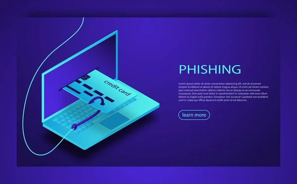 Internet-Phishing, gehackte Anmeldung und Passwort. Hacking Kreditkarte oder persönliche Informationen Website. Cyber-Angriff auf Konto. — Stockvektor