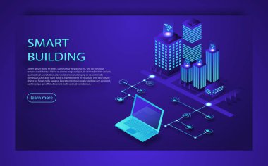 Akıllı şehir veya akıllı bina izometrik vektör kavramı. Çok platform geleceğin teknolojisi. Akıllı bina izometrik kavramı.