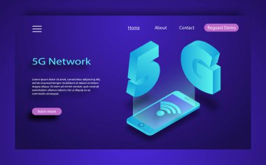 İzometrik kavram smartphone ve 5 g simgesi içerir. İzometrik 5g ağ kablosuz sistemleri ve internet vektör çizim. 