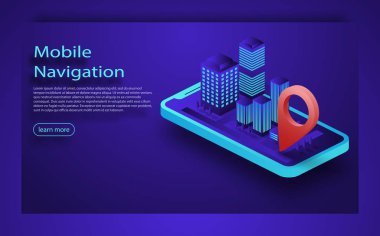 Smartphone ile mobil navigasyon app ekranda vektör Illustration. Adam yerini gösteren sembolleri ile yol haritası.
