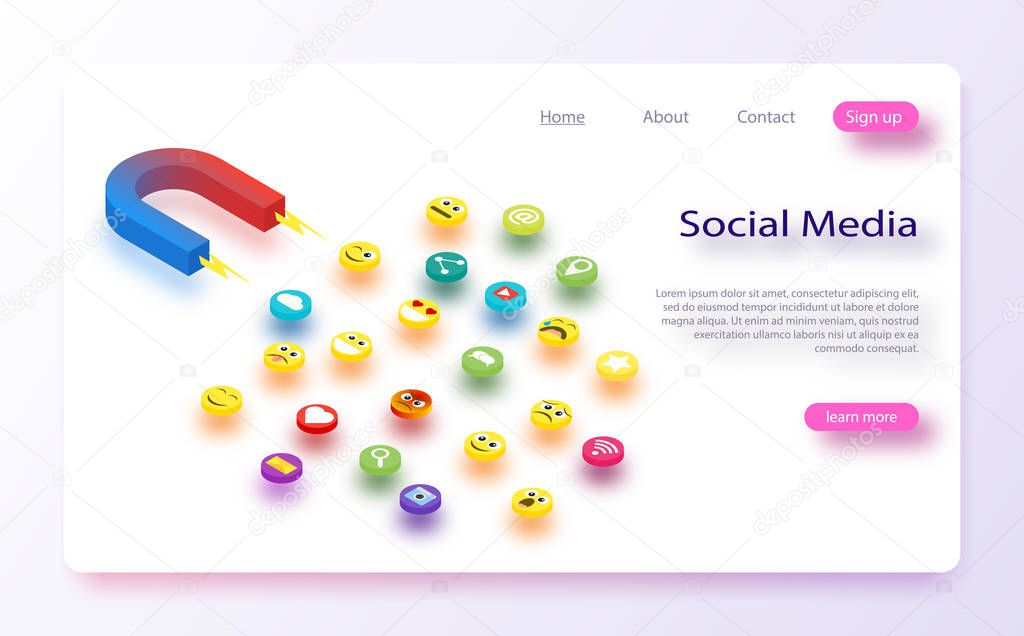 Social media concept vector illustration with magnet engaging followers and likes. Target market concept, attracting customers, customer retention vector illustration design for web banners and apps