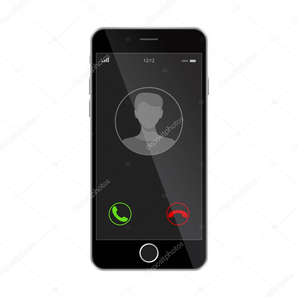 Realistic smartphone with incoming call on display, vector isolated illustration. 