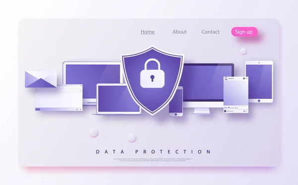 Концепція це безпека даних Доступ, безпека. Щит на комп'ютерній стільниці або ноутбук захищає чутливі дані . — стоковий вектор