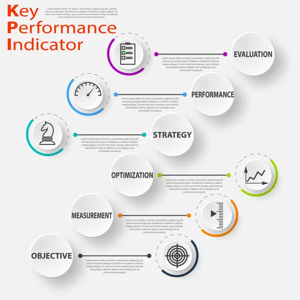 Conceito de KPI infográfico com ícones de marketing. Banner de indicadores de desempenho chave para empresas —  Vetores de Stock