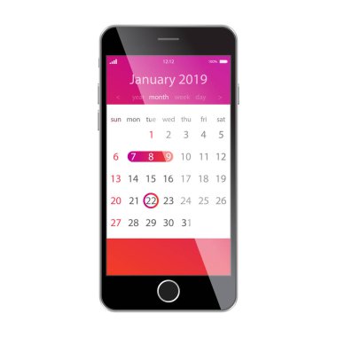 Takvim smartphone ekranında. Planlama, zamanlama, takvim, randevu, uyarı mektubu app kavramları. Ocak 2019