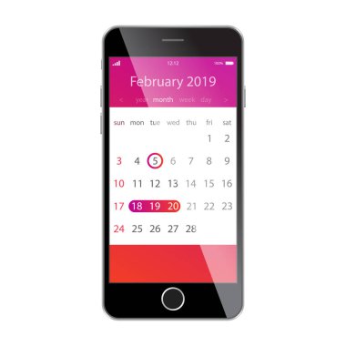 Takvim smartphone ekranında. Planlama, zamanlama, takvim, randevu, uyarı mektubu app kavramları. Şubat 2019