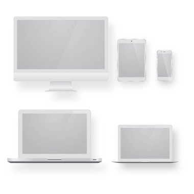 Beyaz masaüstü bilgisayar ekran ekran smartphone tablet taşınabilir defter ya da laptop.