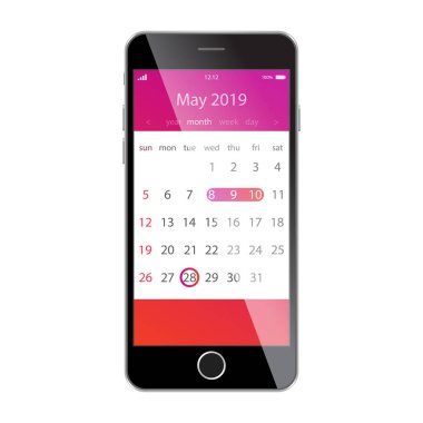 Takvim smartphone ekranında. Planlama, zamanlama, takvim, randevu, uyarı mektubu app kavramları. 2019 olabilir