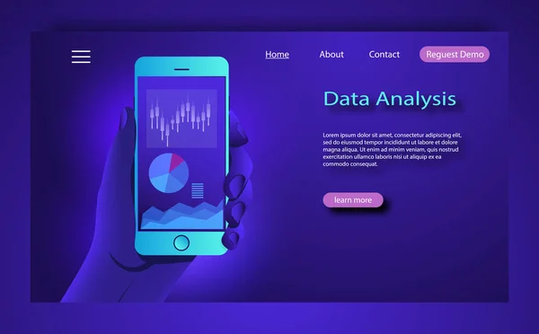 Аналіз тенденції ринку на смартфоні з лінійною діаграмою та графіками. Рука тримає телефон . — стоковий вектор