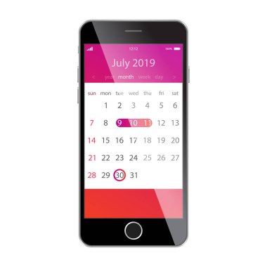 Takvim smartphone ekranında. Planlama, zamanlama, takvim, randevu, uyarı mektubu app kavramları. Temmuz 2019