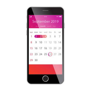 Takvim smartphone ekranında. Planlama, zamanlama, takvim, randevu, uyarı mektubu app kavramları. Eylül 2019