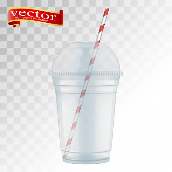 Průhledný plastový pohár s koulí kopulového krytu a koktejl trubice. Prázdné jednorázové plastové mléčný pohár s víkem. — Stockový vektor