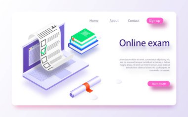 Online sınav bilgisayar web uygulama izometrik dizüstü bilgisayar ekranından kağıt belge yazdırma