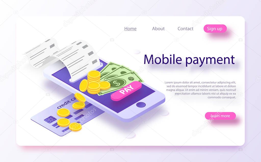 Isometric online payment online concept. Concept of mobile payments, personal data protection.