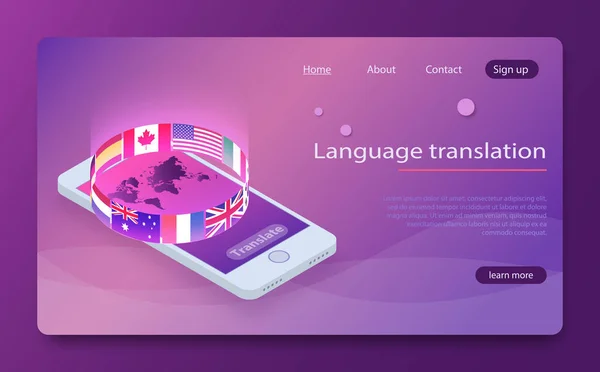 Online Μεταφραστής έννοια ισομετρική διανυσματικά εικονογράφηση. Smartphone με σημαίες των διαφόρων μελών και παγκόσμιο χάρτη στην οθόνη - έννοια της Μεταφραστής app — Διανυσματικό Αρχείο