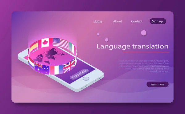 Concept de traducteur en ligne illustration vectorielle isométrique. Smartphone avec des drapeaux de différents états et carte du monde sur l'écran - concept d'application traducteur — Image vectorielle