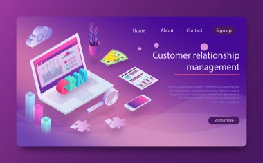 Müşteri ilişkileri yönetimi Crm kavramı. CRM izometrik vektör çizim.