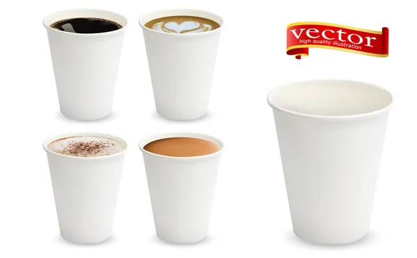 3D реалістичні різні види кави в білих чашках зверху і збоку. Капучино латте американо какао еспресо — стоковий вектор