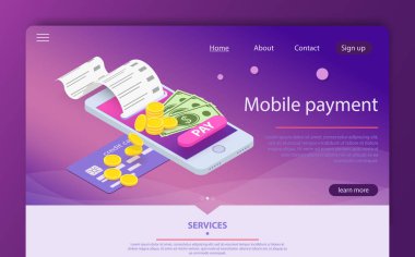 İzometrik online ödeme online kavramı. Para üzerinden smartphone app aktarma