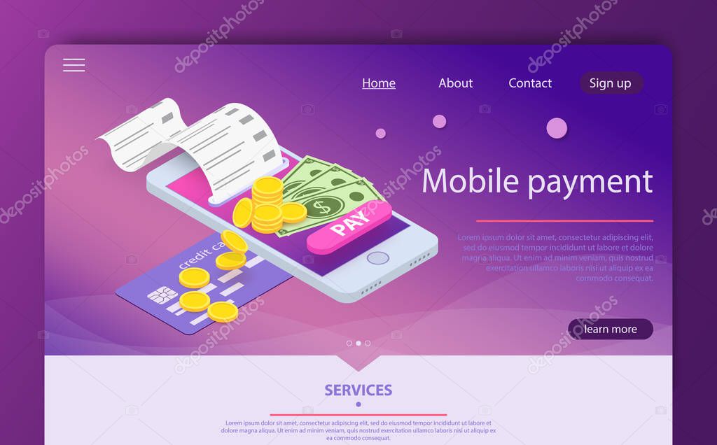 Isometric online payment online concept. Money transferring via smartphone app