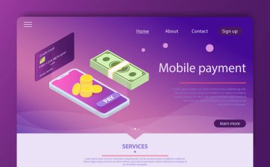 İzometrik online ödeme online kavramı. Para üzerinden smartphone app aktarma
