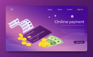Güvenli banka hareket eden aygıt yolu ile online ödeme aktarır. İzometrik online ödeme online kavramı.
