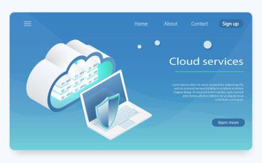 Bulut depolama, veri transferi kavramı. Sunucu odası, büyük veri merkezi. İzometrik bulut depolama açılış sayfası kavramı.
