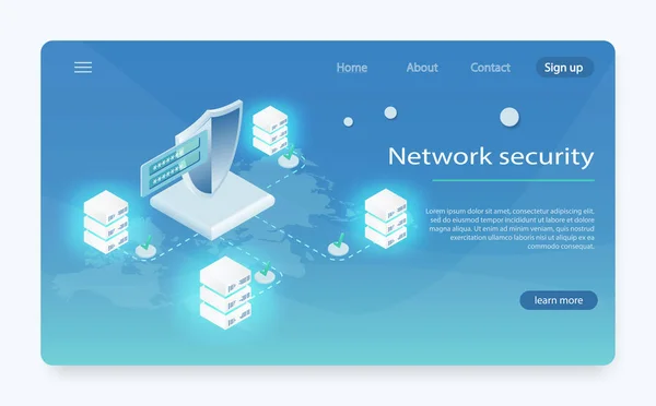 Ağ veri güvenlik izometrik vektör çizim. Bulut veri merkezi, server Oda simgesinin, bilgi isteği işleme