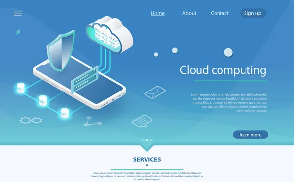 Σύννεφο υπολογιστών τεχνολογία χρήστες δικτύου ρύθμισης παραμέτρων ισομετρική διαφήμιση αφίσα με το τηλέφωνο — Διανυσματικό Αρχείο