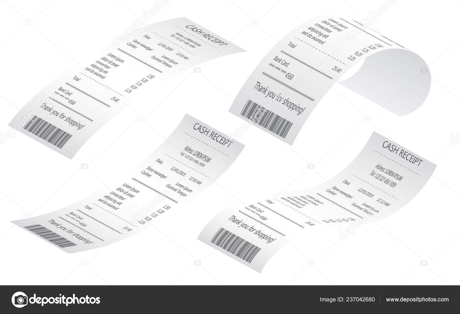 Cash register sales receipts printed on thermal rolled paper realistic samples Stock Vector