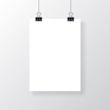 Boş A4 ataş ile asılı vektör kağıt çerçeve mockup ölçekli. Gerçekçi boş beyaz poster şablonu.