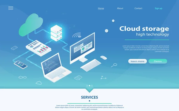 Cloud Hosting izometrikus koncepciót. Online számítástechnikai tároló koncepció. — Stock Vector