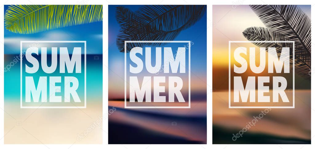 Colorful Summer banners, tropical backgrounds set with palms, sea, clouds, sky, beach.
