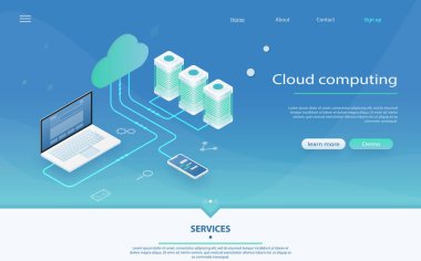 Cloud Computing kavramı. Online bilgisayar depolama 3d isometry.