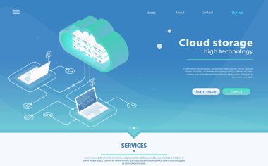 Cloud Computing kavramı. Online bilgisayar depolama 3d isometry.
