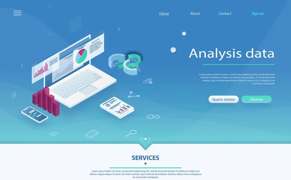 Servidor de análisis de datos ilustración vectorial isométrica. Informe de Big data, estadísticas de datos en la pantalla del ordenador portátil . — Vector de stock