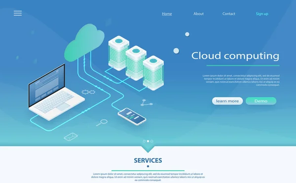 Cloud Computing Concept. Computing onlineopslag 3d isometrie. — Stockvector