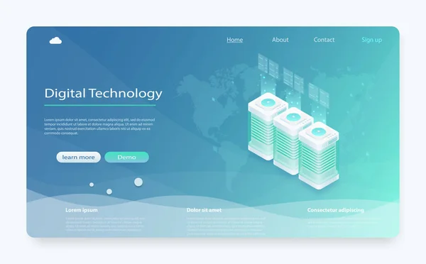 Concepto de alojamiento de servidores. Icono de la sala de servidores, procesamiento de solicitudes de información, tecnologías informáticas — Vector de stock