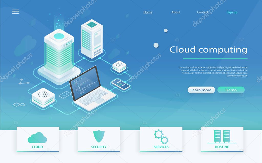Isometric modern cloud technology, networking concept. 