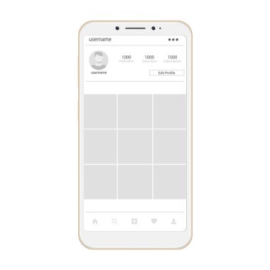 Sosyal sayfa profil web arayüzü. Sosyal ağ arabirimi çerçeve düz simgesi olan. Sosyal ağ smartphone cep telefonu ile fotoğraf çerçevesi.
